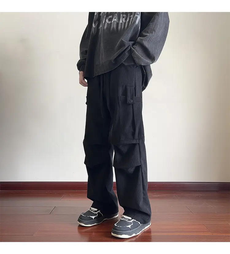 Men's Grey Loose Straight Cargo Pants Winter Casual Wear — feature 9