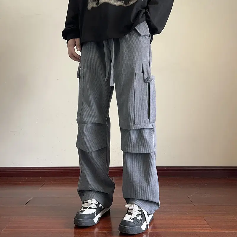 Men's Grey Loose Straight Cargo Pants Winter Casual Wear