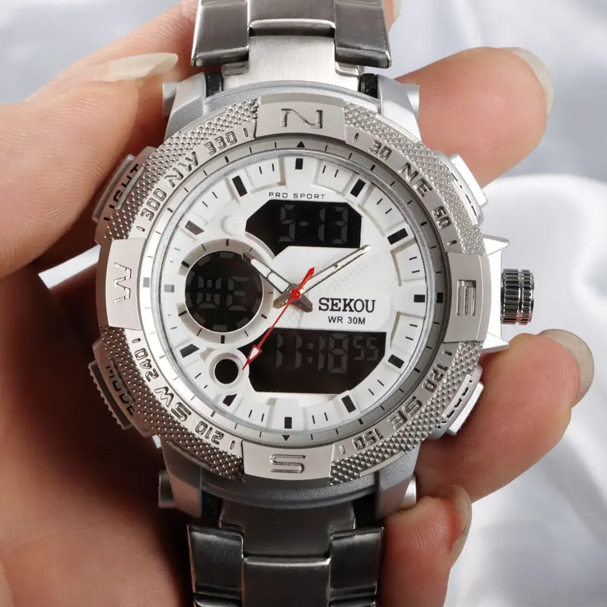 Men's Waterproof Digital Watch with Dual Display & Stainless Steel Band