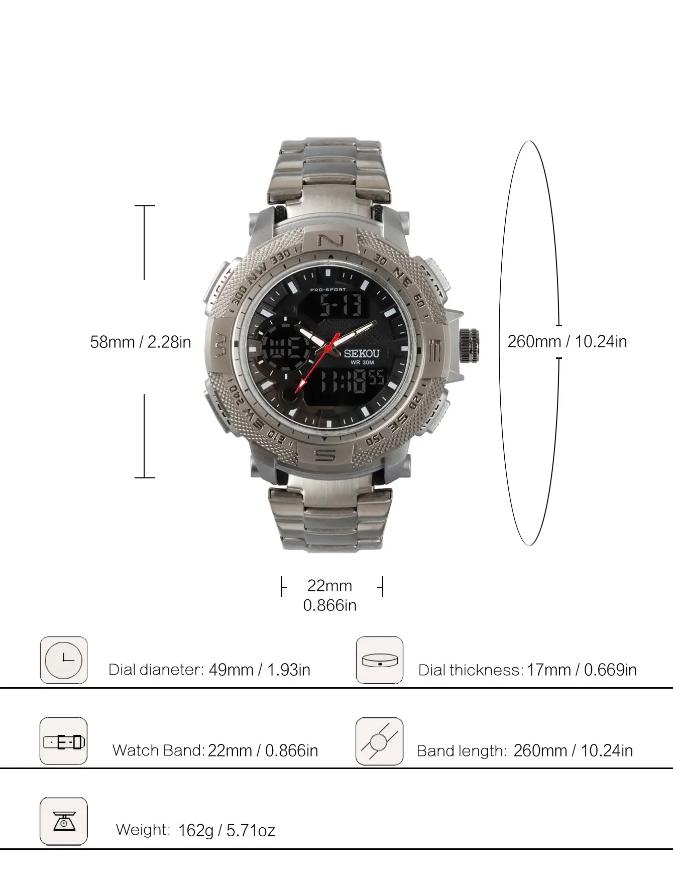 Men's Waterproof Digital Watch with Dual Display & Stainless Steel Band — feature 1
