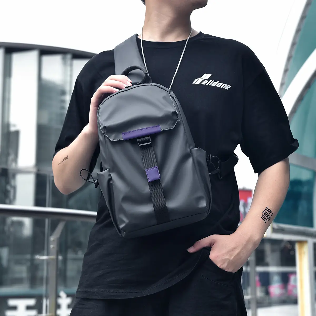 Men's Grey Crossbody Travel Bag with Purple Accents