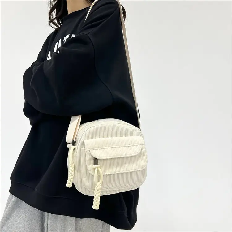 2024 Spring Corduroy Shoulder Messenger Bag Cream - Image 5