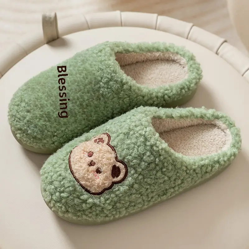 Cute Bear Cotton Slippers Women's Autumn and Winter fleece-lined Home Moon Shoes Couple's Household Non-slip Bag Heel Cotton Shoes for Winter - Image 4