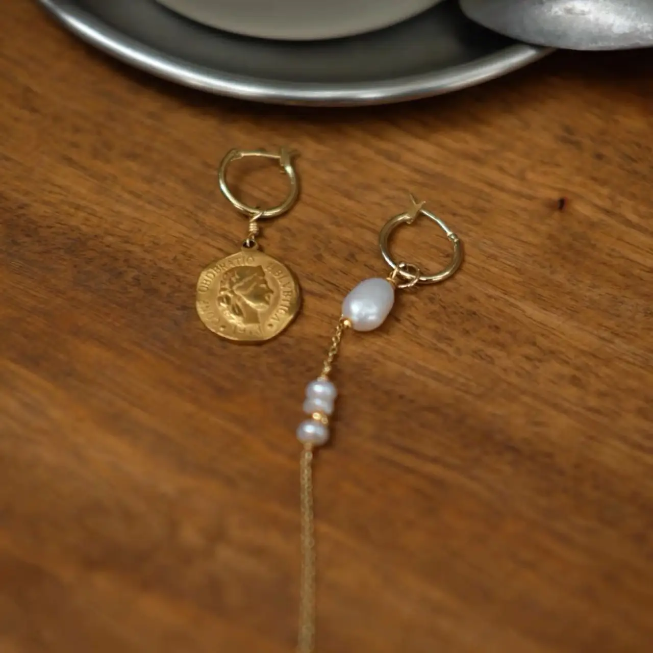 Retro Greek Copper Coins Pearl Earrings Set - Image 4