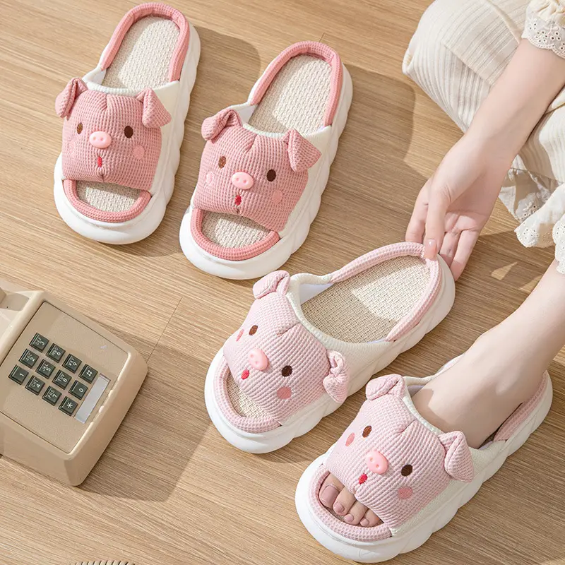 Cross-border special folding ears pink pig cotton-filled cartoon indoor and outdoor home thickened linen slippers Four Seasons cotton and linen slippers