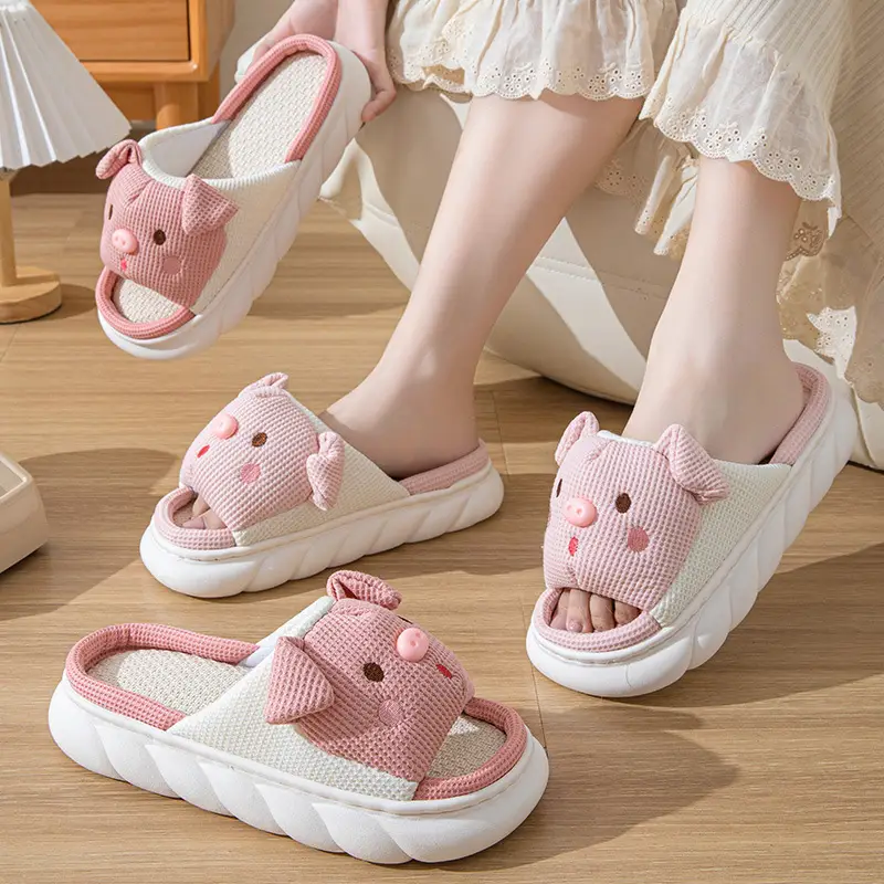 Cross-border special folding ears pink pig cotton-filled cartoon indoor and outdoor home thickened linen slippers Four Seasons cotton and linen slippers