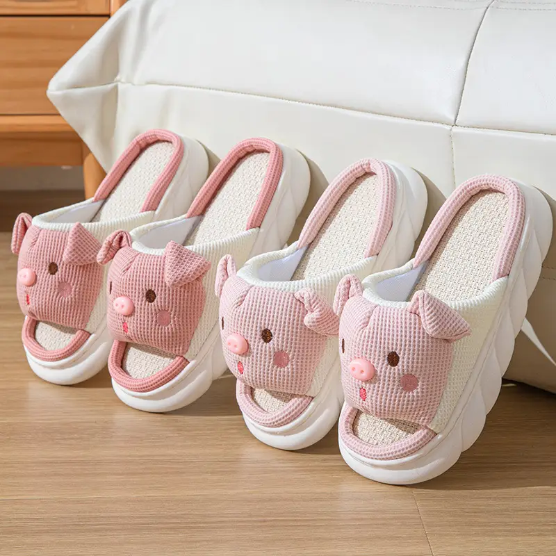 Cross-border special folding ears pink pig cotton-filled cartoon indoor and outdoor home thickened linen slippers Four Seasons cotton and linen slippers