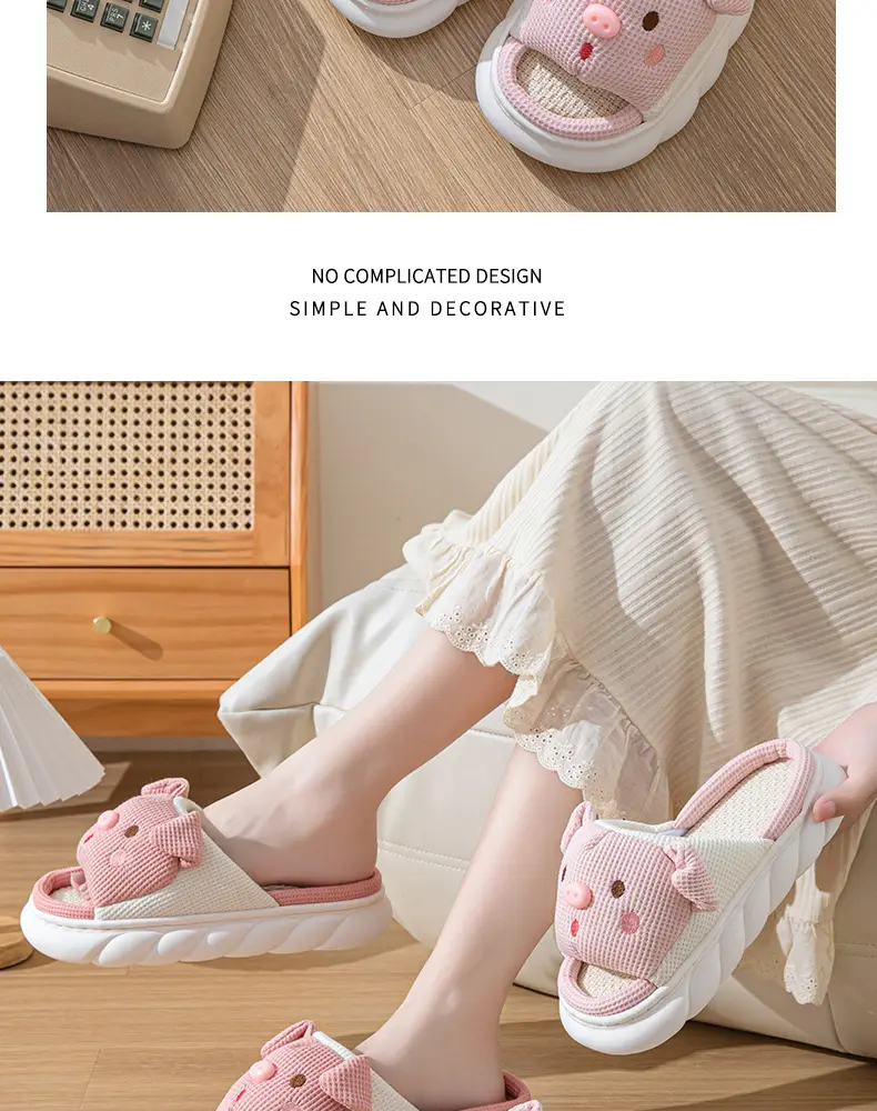 Cross-border special folding ears pink pig cotton-filled cartoon indoor and outdoor home thickened linen slippers Four Seasons cotton and linen slippers — feature 13