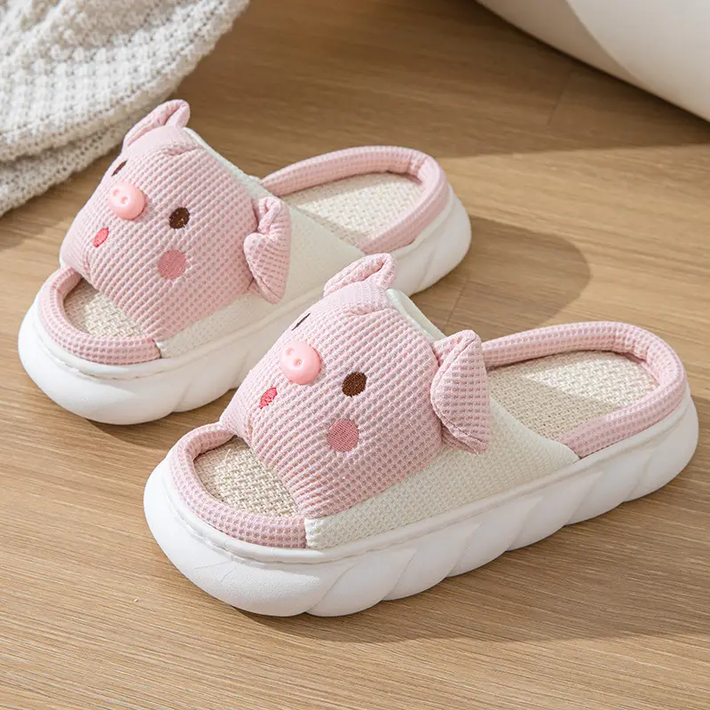 Cross-border special folding ears pink pig cotton-filled cartoon indoor and outdoor home thickened linen slippers Four Seasons cotton and linen slippers