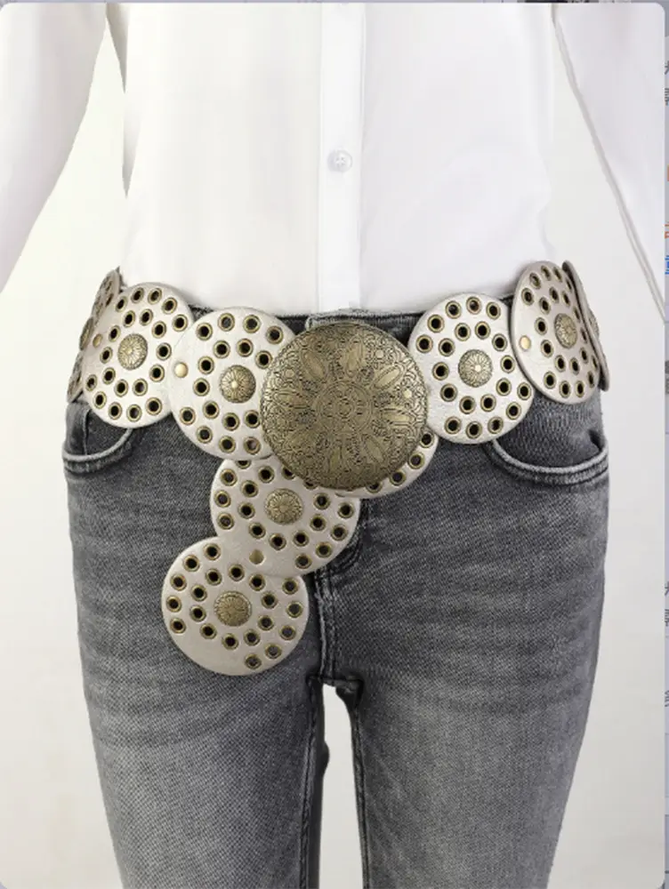 Women's Retro Western Denim Belt with Polka Dot & Hollow Metal Design — feature 16
