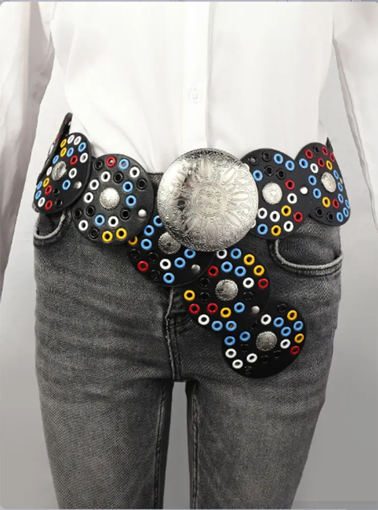 Women's Retro Western Denim Belt with Polka Dot & Hollow Metal Design — feature 27