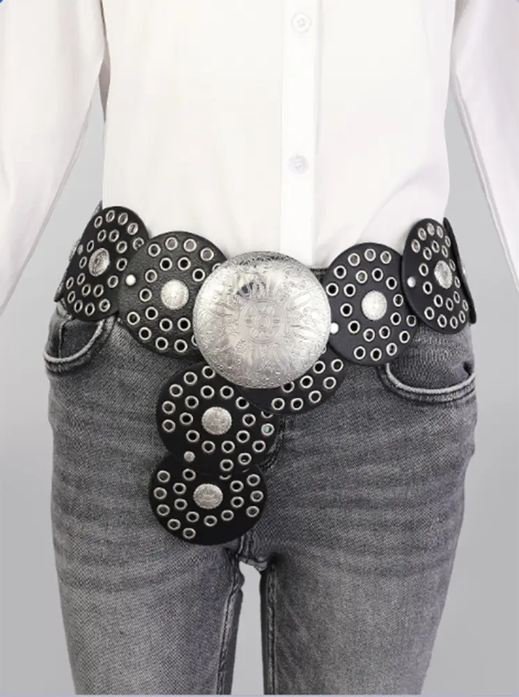 Women's Retro Western Denim Belt with Polka Dot & Hollow Metal Design — feature 30