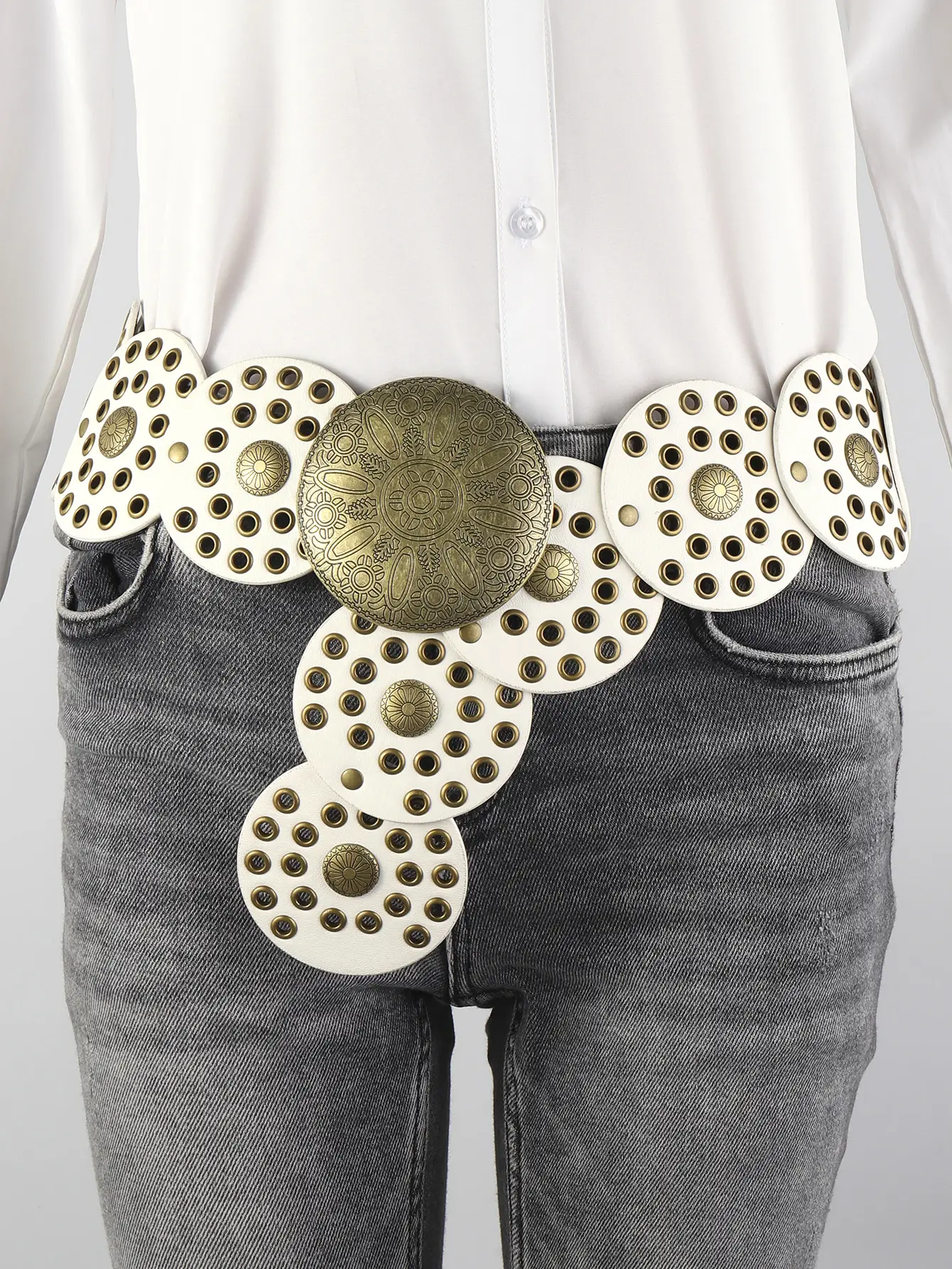 Women's Retro Western Denim Belt with Polka Dot & Hollow Metal Design — feature 36