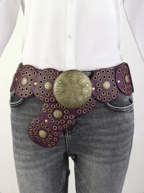 Women's Retro Western Denim Belt with Polka Dot & Hollow Metal Design — feature 40