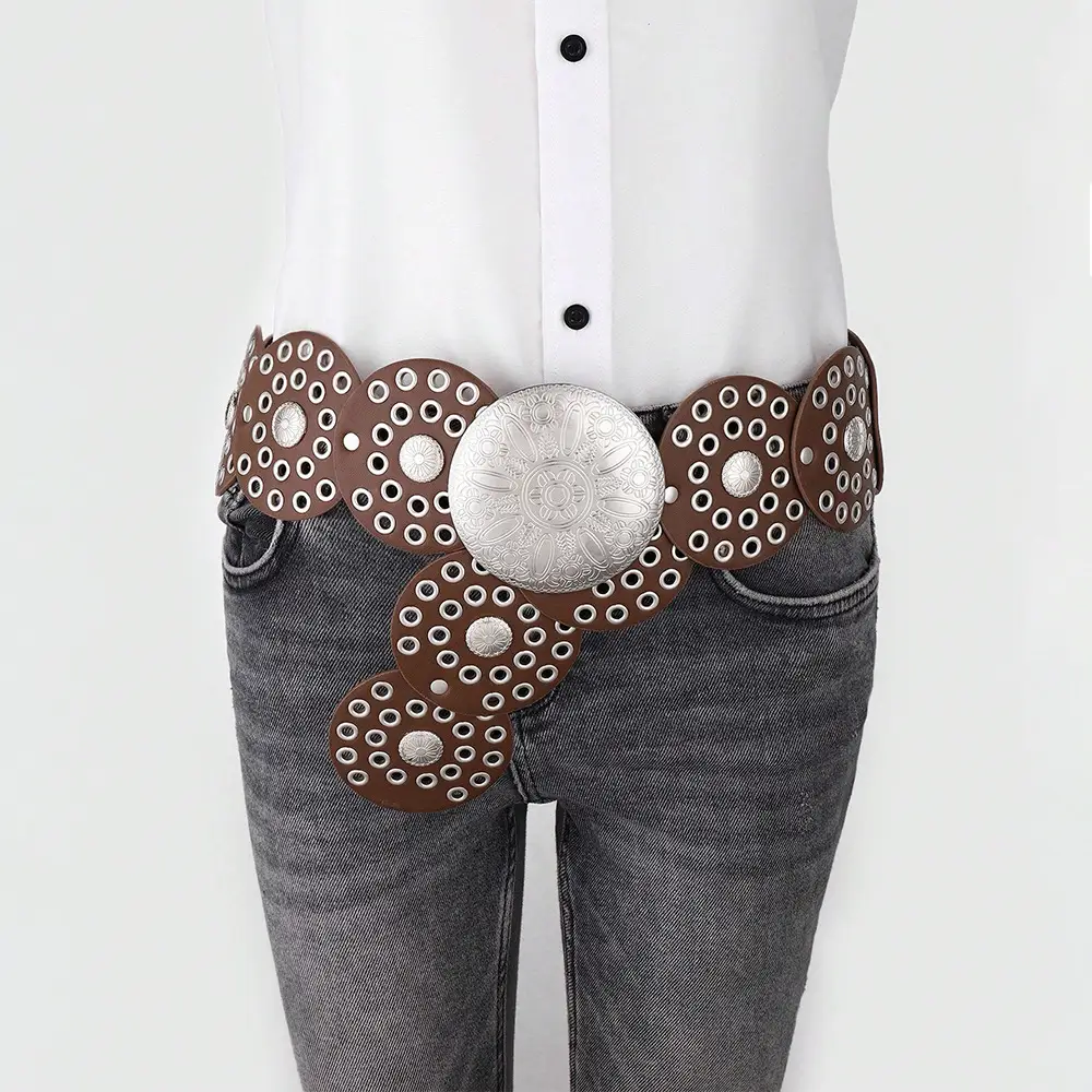 Women's Retro Western Denim Belt with Polka Dot & Hollow Metal Design — feature 7