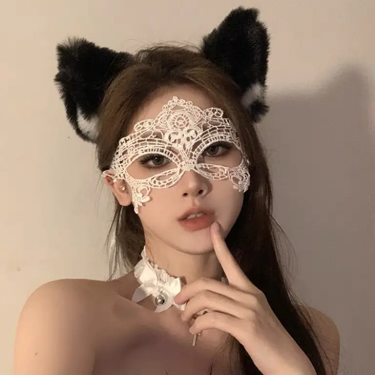 Black Lace Cat Ear Eye Mask Face Mesh Halloween Headwear - Image 14