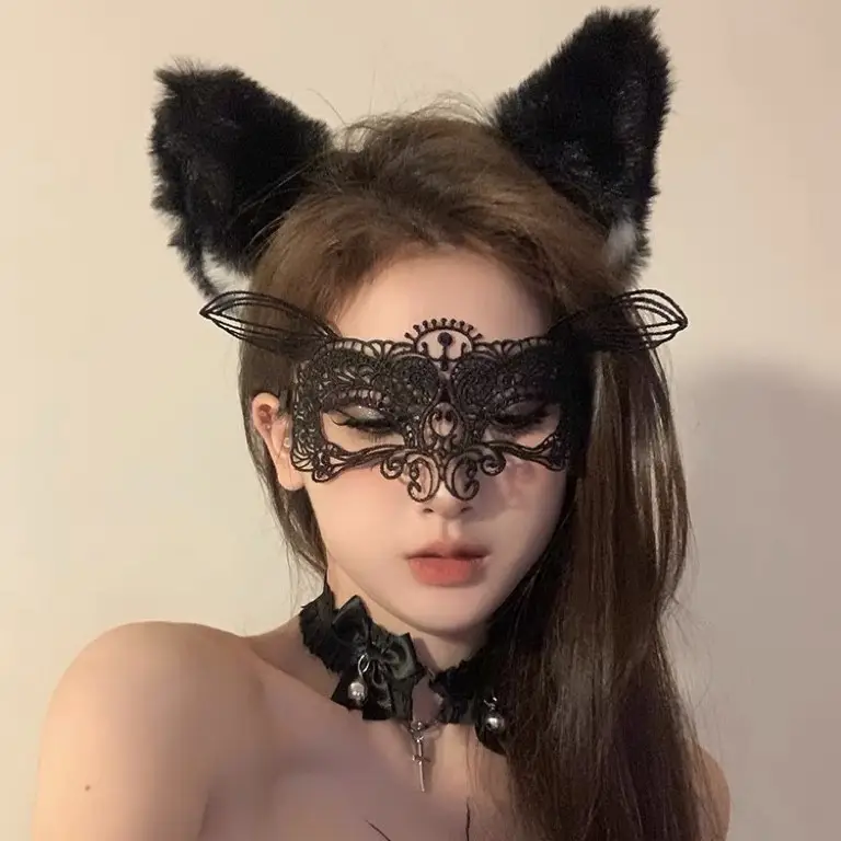 Black Lace Cat Ear Eye Mask Face Mesh Halloween Headwear - Image 3
