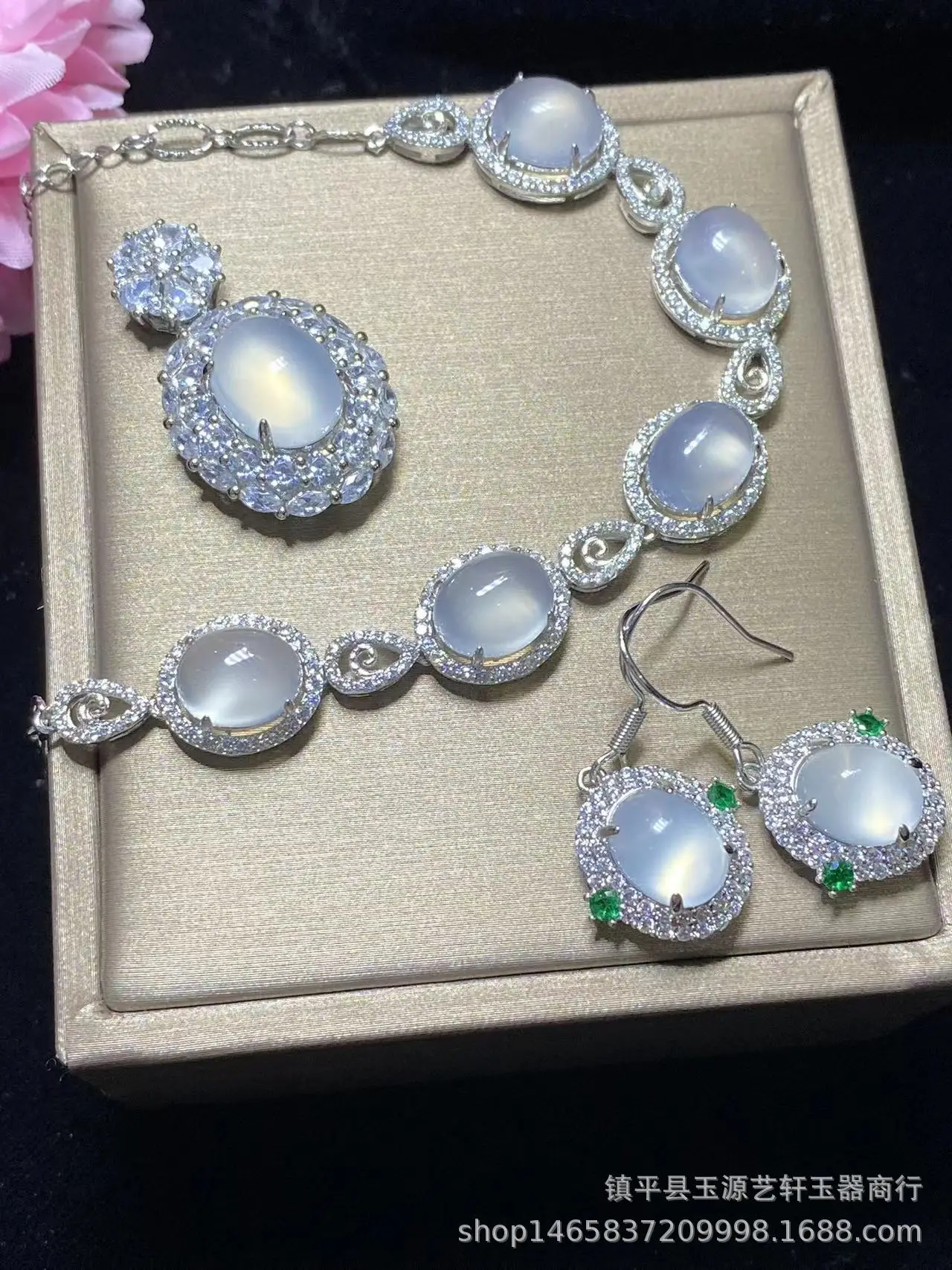 925 Silver Flower Earrings Set with Ice White Chalcedony — feature 4