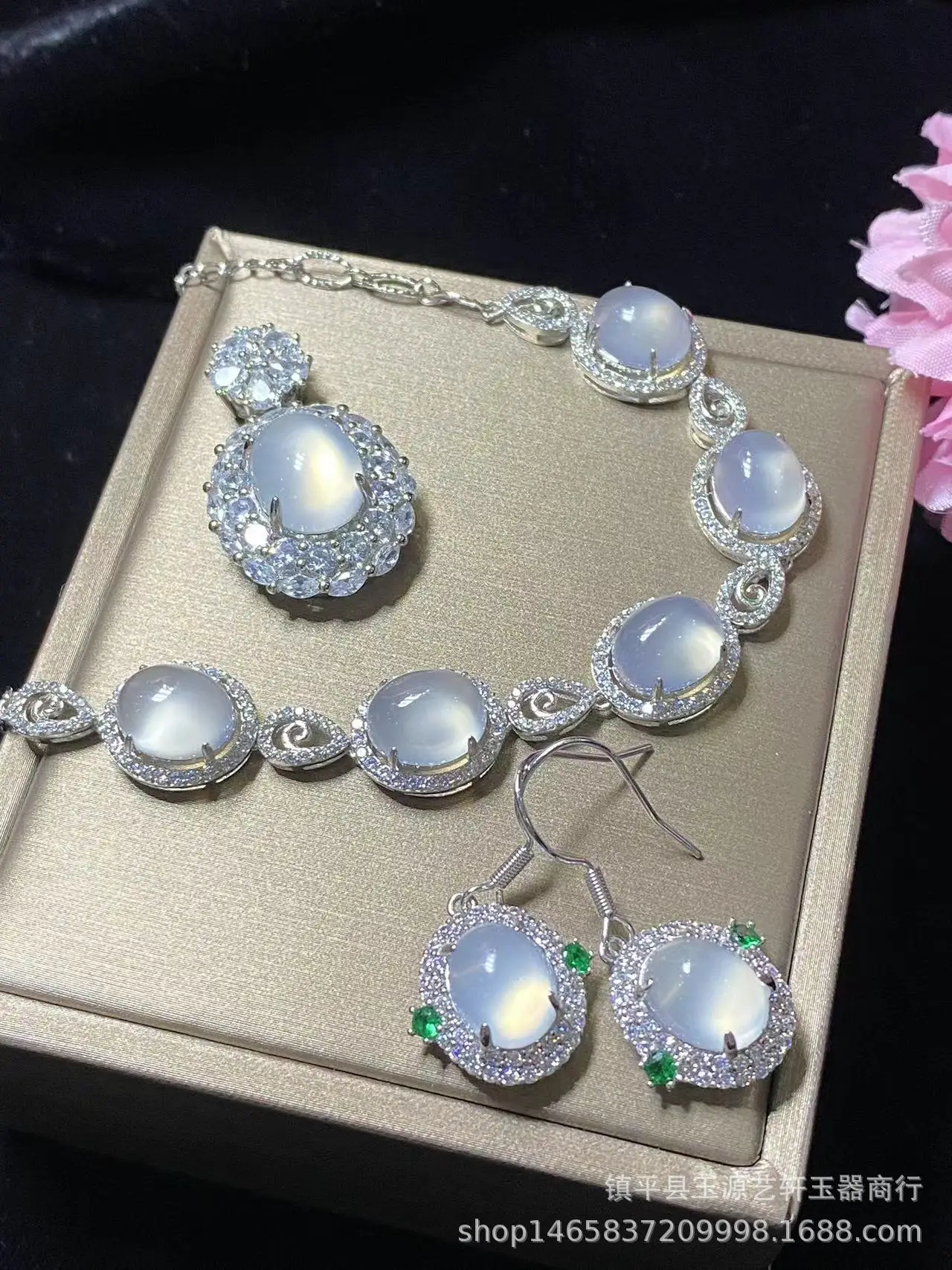 925 Silver Flower Earrings Set with Ice White Chalcedony — feature 5