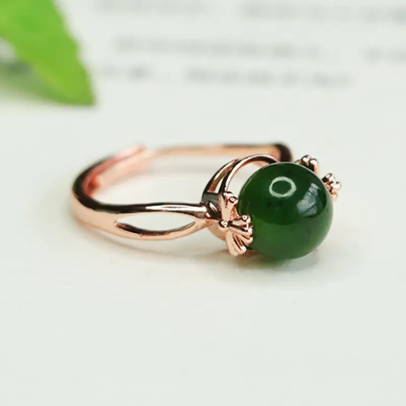 Green Jade Round Beads Ring for Women - Image 3