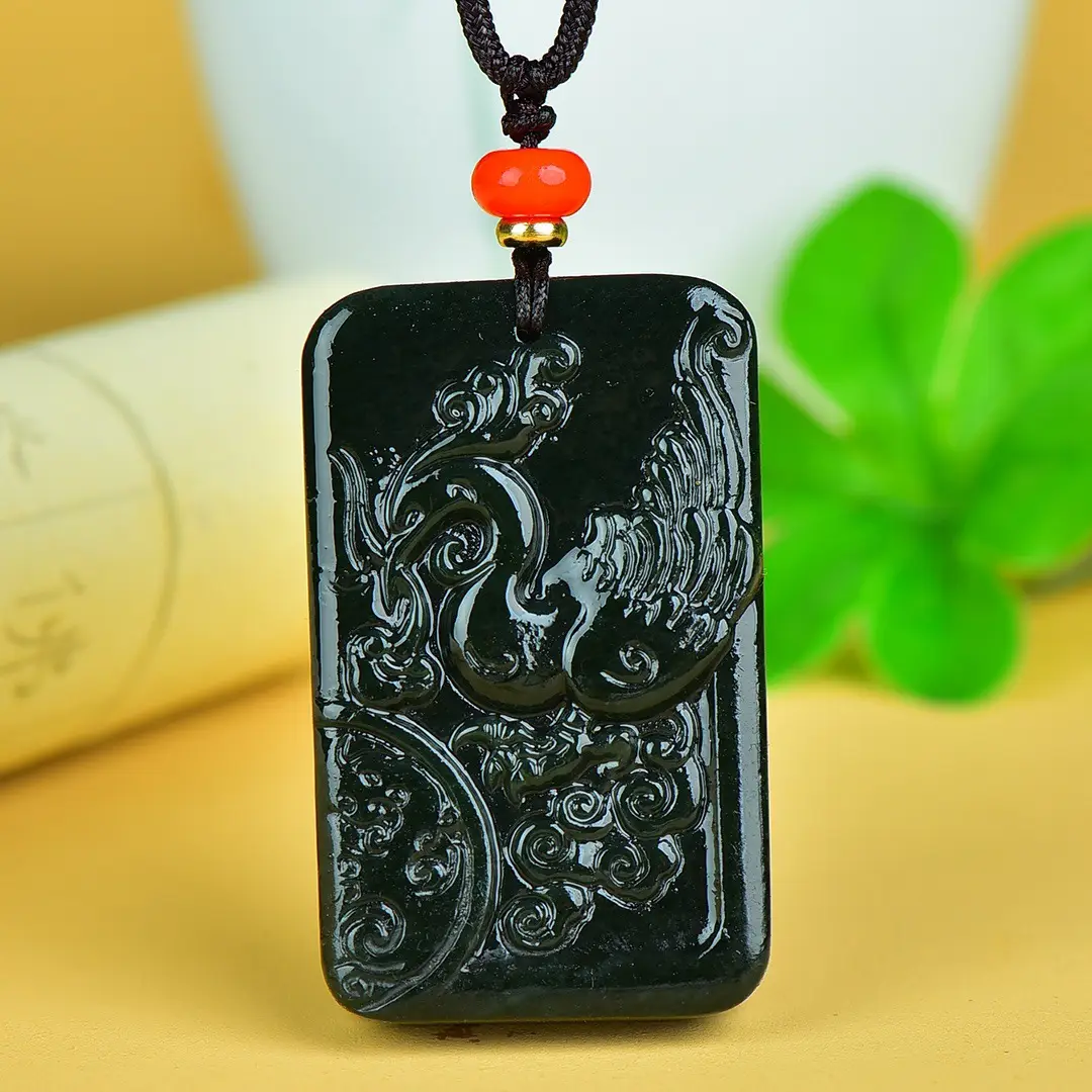 Hetian Jade Phoenix Pendant with Orange bead - Image 3