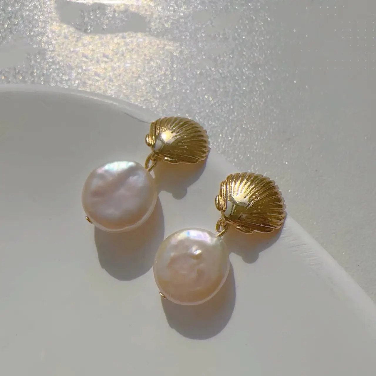 Gold Plated Pearl Earrings Button Style Flat Round Pearl - Image 2