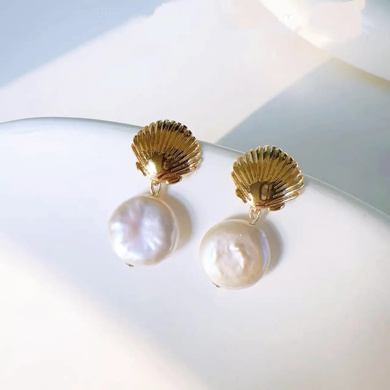Gold Plated Pearl Earrings Button Style Flat Round Pearl - Image 3