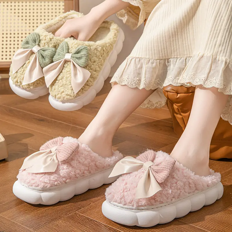 Women's Bowknot Slippers Cream Green Winter Warmth - Image 6