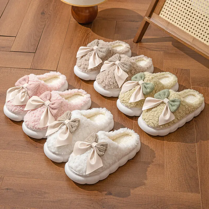 Women's Bowknot Slippers Cream Green Winter Warmth - Image 7