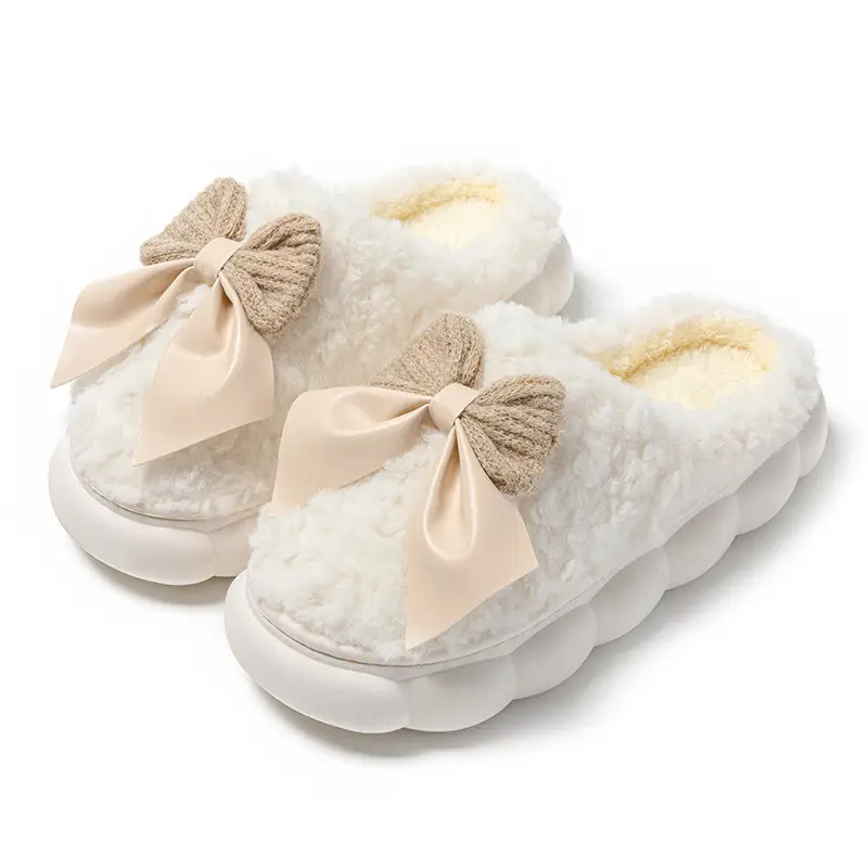 Women's Bowknot Slippers Cream Green Winter Warmth - Image 2