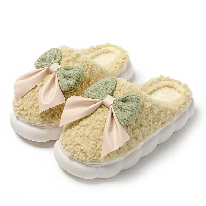 Women's Bowknot Slippers Cream Green Winter Warmth - Image 3
