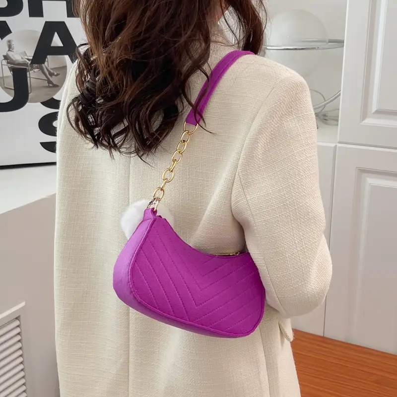 Women's Purple Heart-Shaped Shoulder Bag with Pom Pom