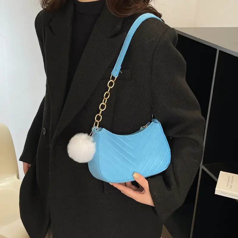 Women's Purple Heart-Shaped Shoulder Bag with Pom Pom