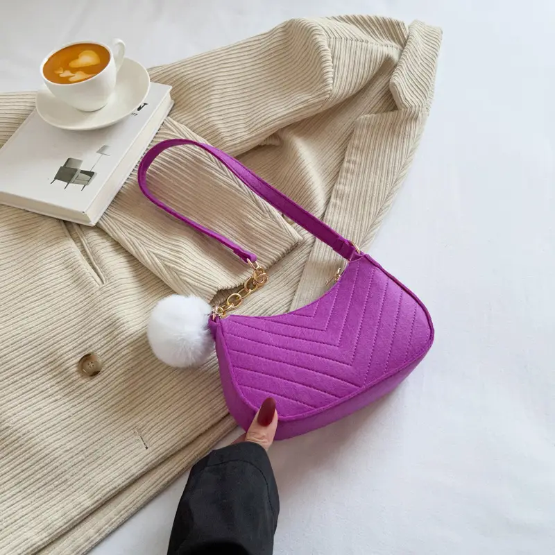 Women's Purple Heart-Shaped Shoulder Bag with Pom Pom