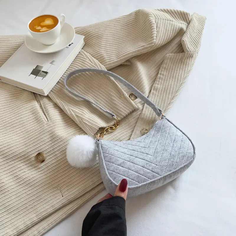 Women's Purple Heart-Shaped Shoulder Bag with Pom Pom