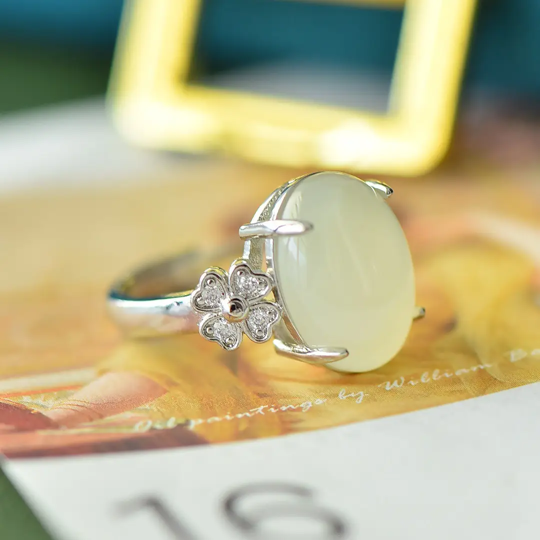 Copper Inlay Jade Egg Face Ring with Floral Design - Image 3