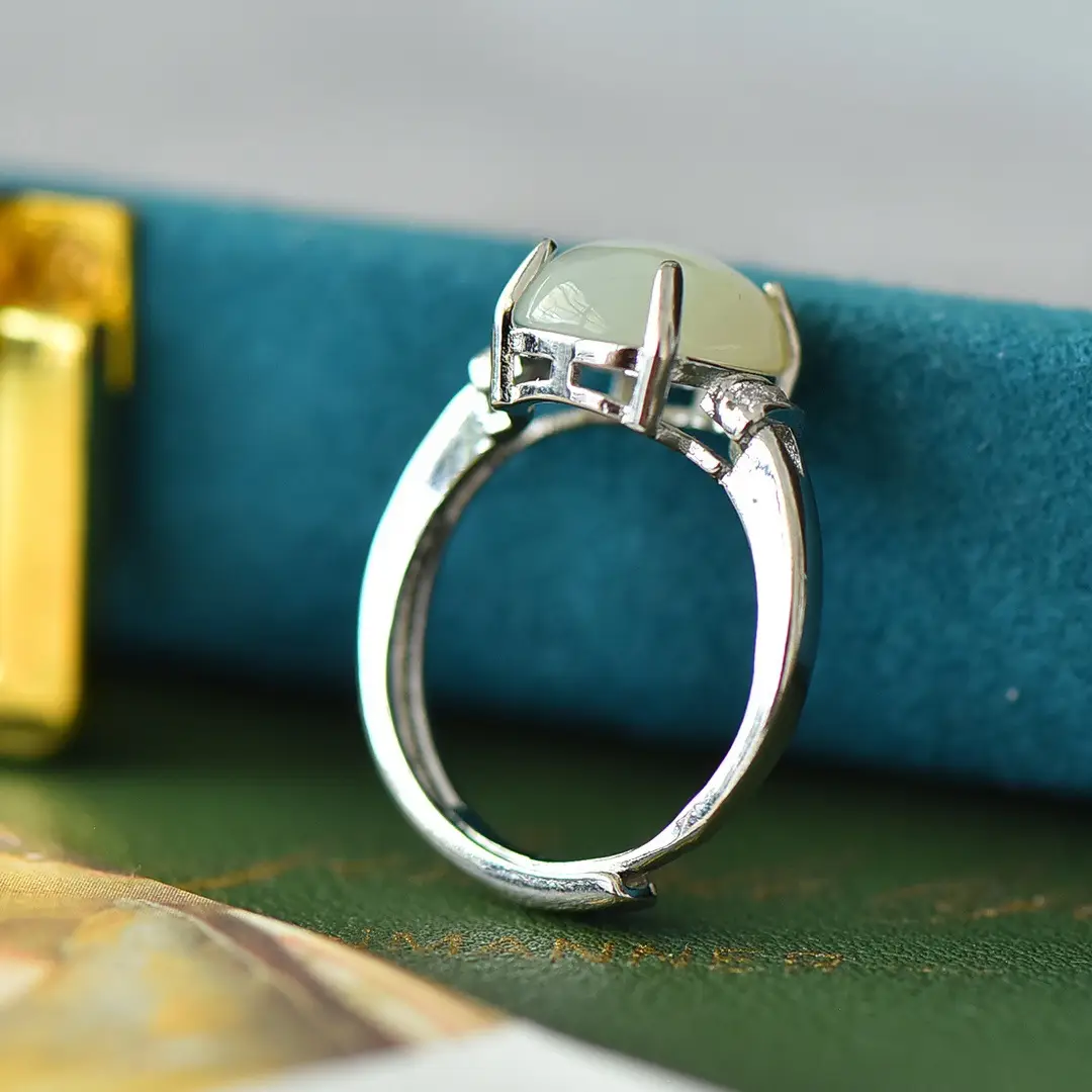 Copper Inlay Jade Egg Face Ring with Floral Design — feature 7