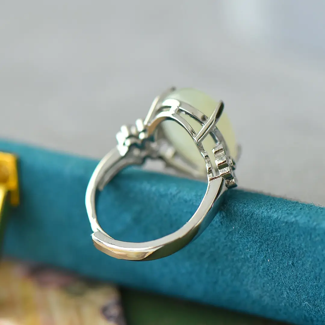 Copper Inlay Jade Egg Face Ring with Floral Design — feature 8