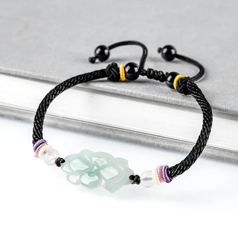 Jadeite Lotus Bracelet for Men Women Handmade Rope