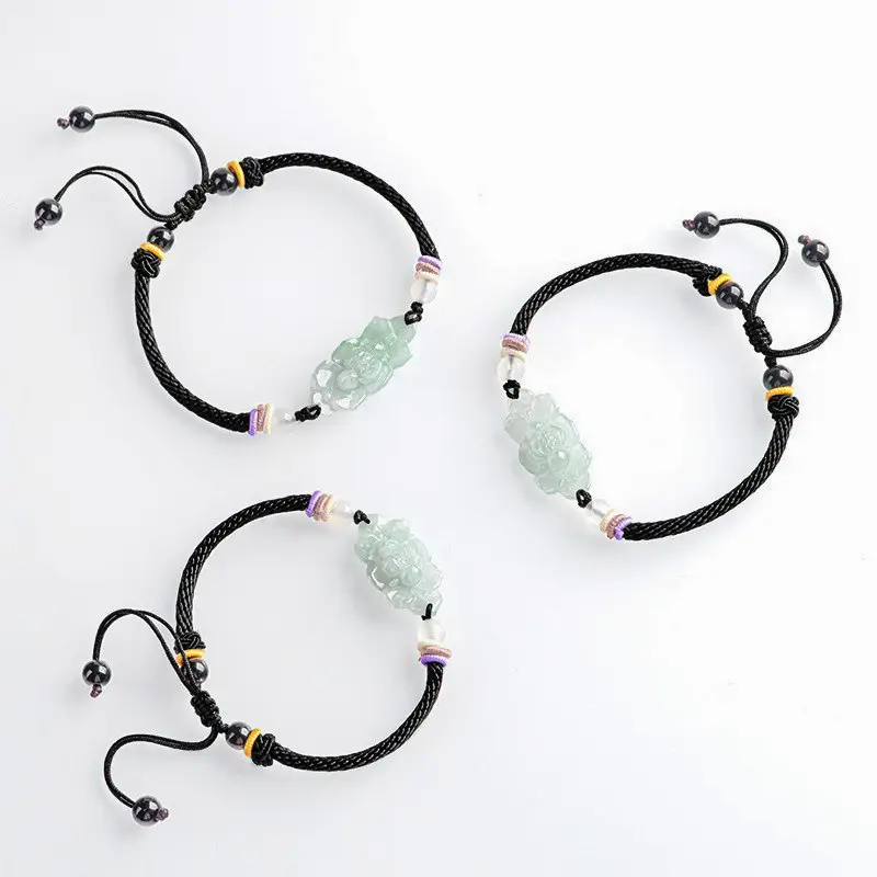 Jadeite Lotus Bracelet for Men Women Handmade Rope