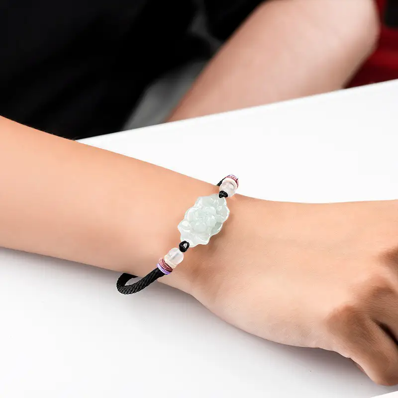 Jadeite Lotus Bracelet for Men Women Handmade Rope