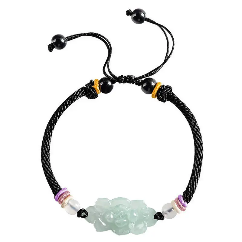 Jadeite Lotus Bracelet for Men Women Handmade Rope