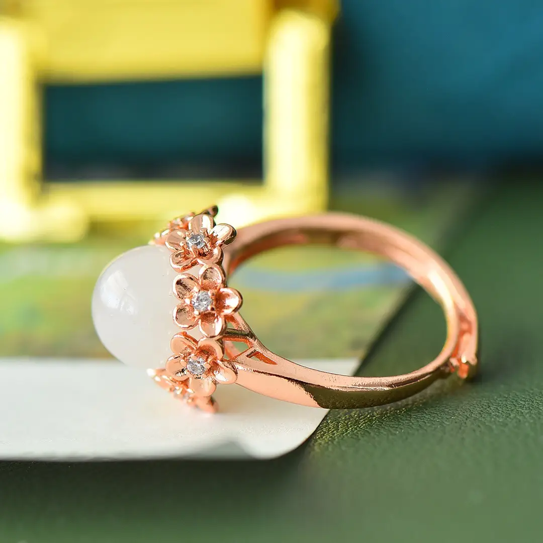Copper Hetian Jade White Jade Fashion Ring — feature 7