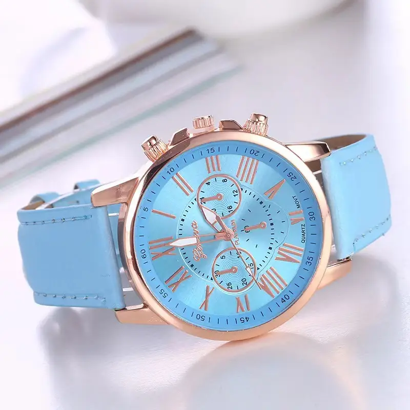 Popular Foreign Trade Fashion Three-Eye Watch with Leather Strap for Women, Geneva Quartz Watch, Simple and Available in Multiple Colors