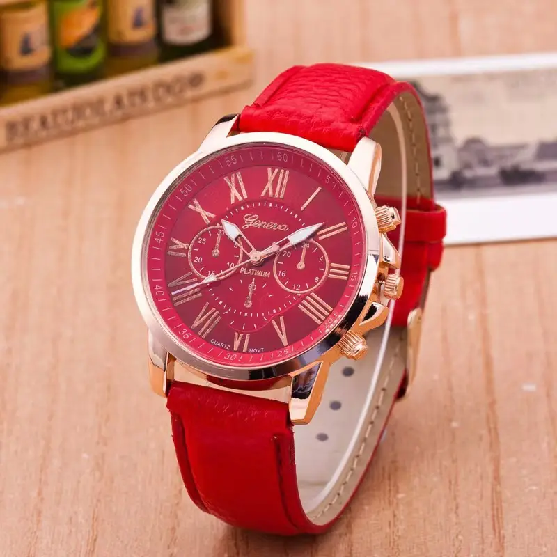 Popular Foreign Trade Fashion Three-Eye Watch with Leather Strap for Women, Geneva Quartz Watch, Simple and Available in Multiple Colors