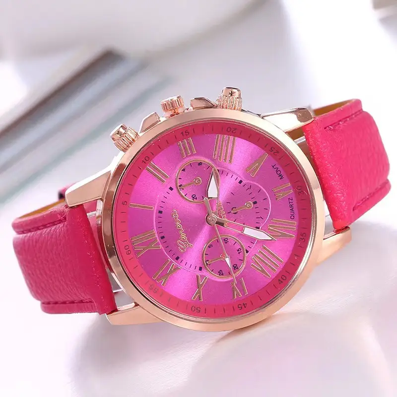 Popular Foreign Trade Fashion Three-Eye Watch with Leather Strap for Women, Geneva Quartz Watch, Simple and Available in Multiple Colors
