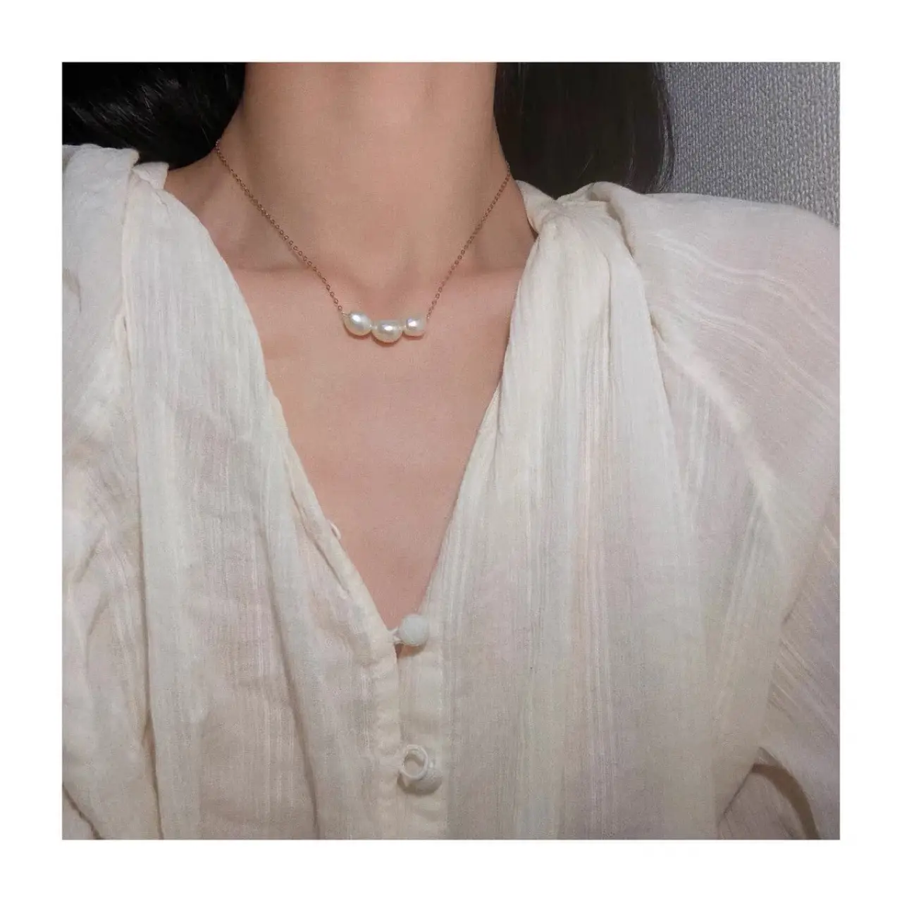 14k Gold Pearl Necklace Clavicle Chain White - Image 2