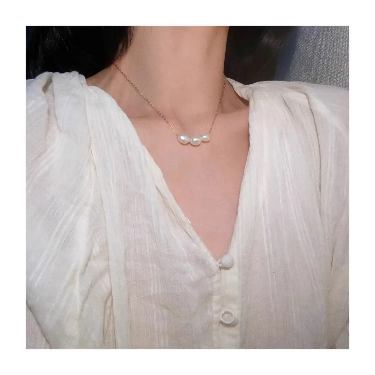 14k Gold Pearl Necklace Clavicle Chain White - Image 3
