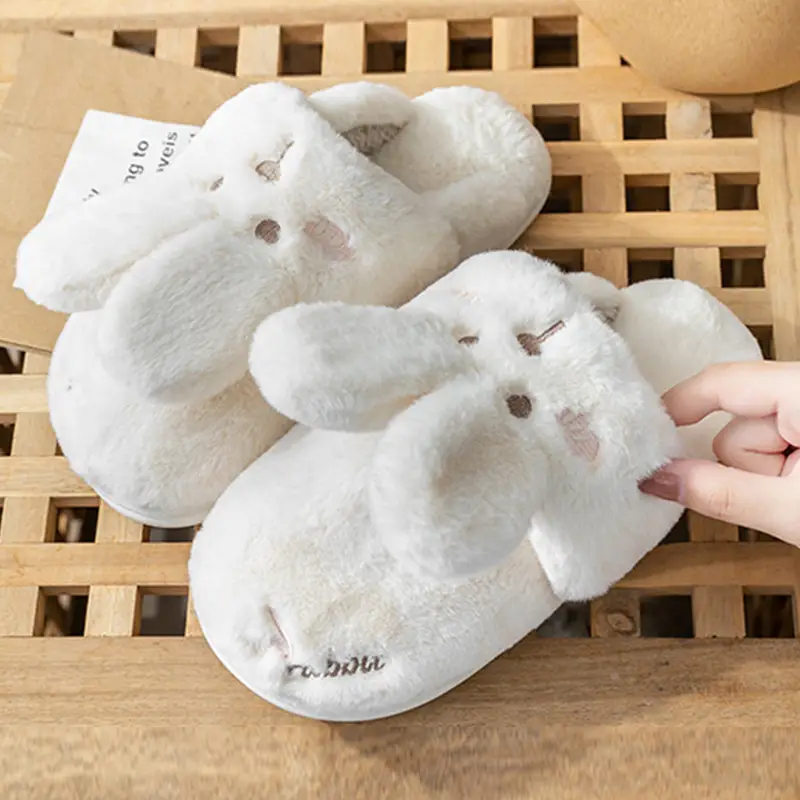 Poop-feeling Cotton Slippers Women's Autumn and Winter Warm Cute White Rabbit Fur Plush Moon Shoes Bag Heel Cotton Slippers for Home Winter - Image 9