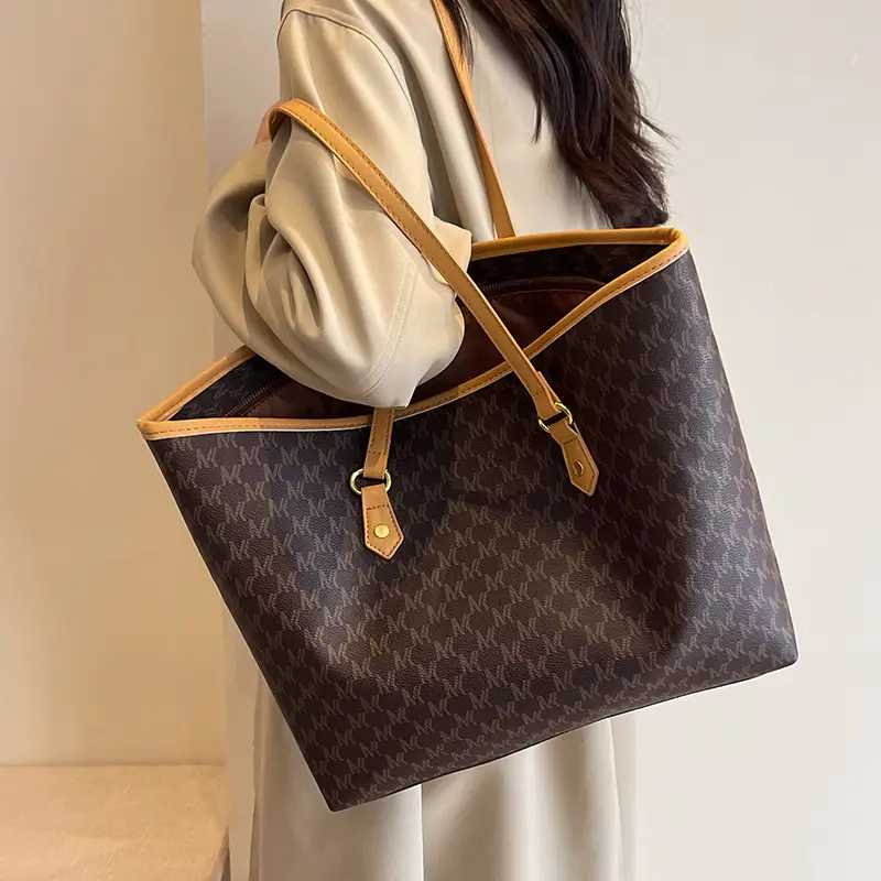 Women's Brown Monogram Tote Bag with Leather Handles - Image 6